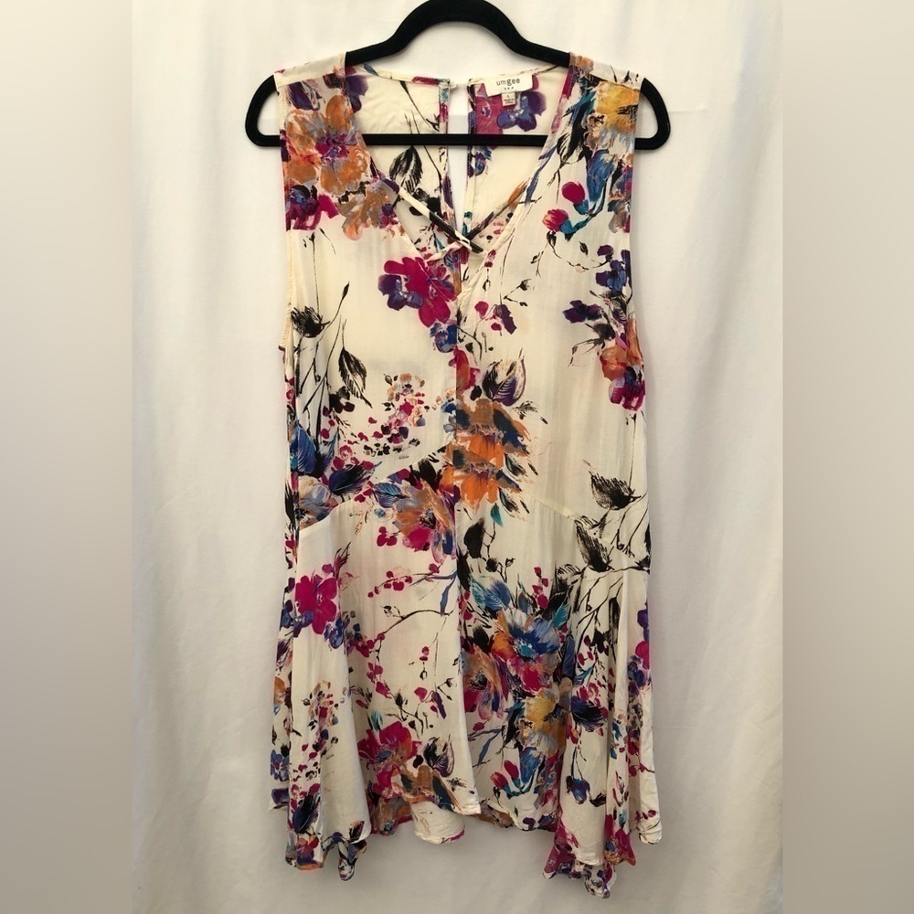 Umgee White Pink Purple Floral Sleeveless Tunic Style Dress Large